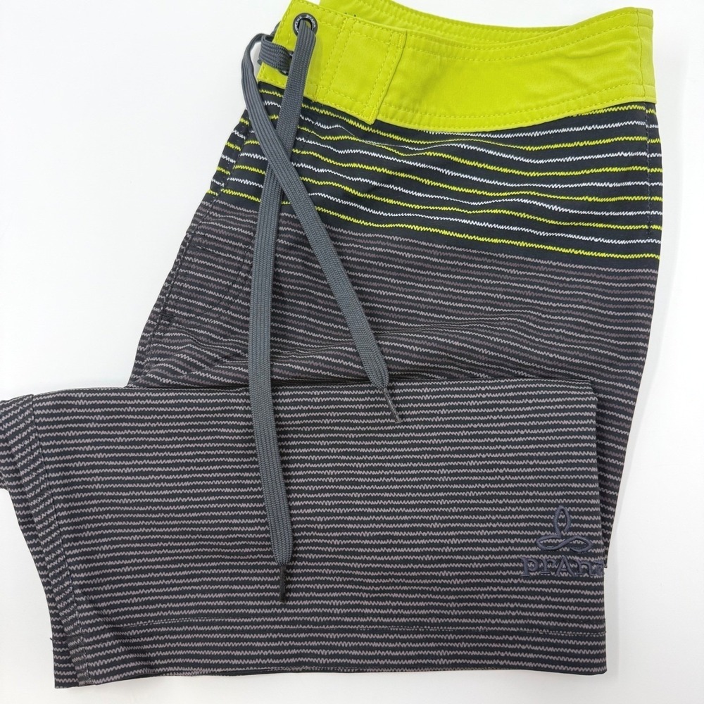 Prana Mens Board Shorts Size 32 Grey Lime Green Striped UPF 50+ Swim Trunks